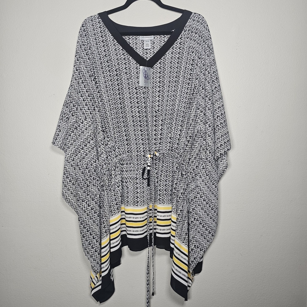 Catherines Womens 2X - 3X Sheer White Black Yellow Ruana Poncho Top Drawstring